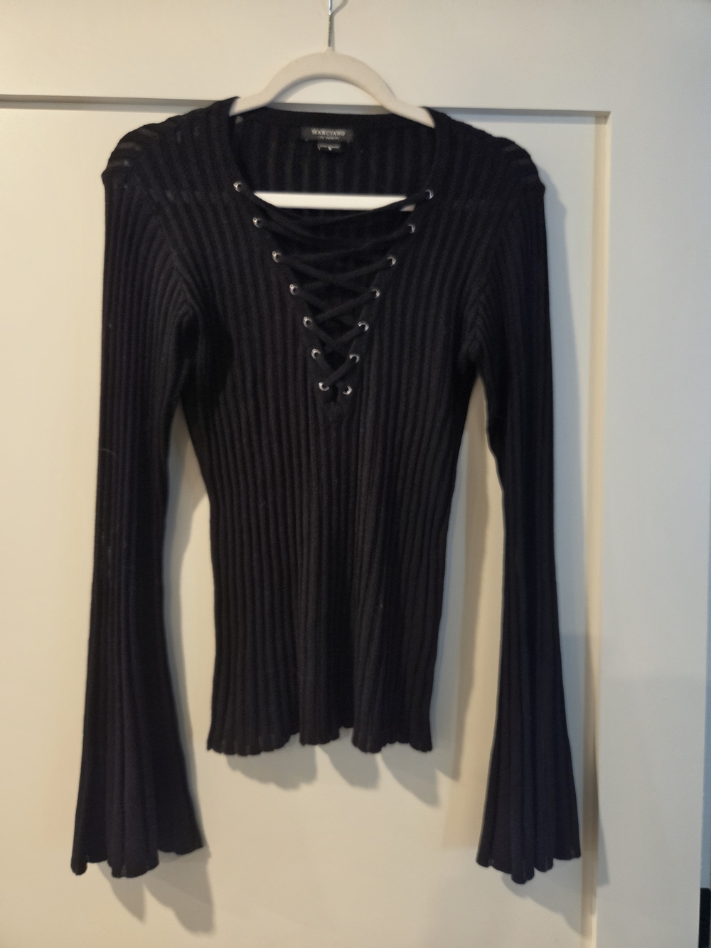 Marciano Black Ribbed Lace-Up Long Sleeve Top